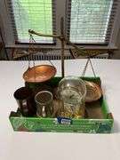 Metalware including: Kundo anniversary clock, balance scale, mugs