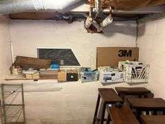 Ceramic tiles, wood bracket shelf, bungee cords, paint rollers, tape, misc