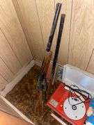 Vintage riding horse and contents of closet: baby scale, toy rifles, child's turntable, Raggedy Ann & Andy dolls, toy cars, misc toys