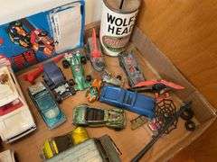 Collectibles lot: toy cars, Wolf’s Head oil bank, includes red line hot wheels