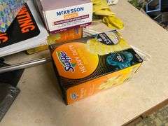 Bucket, paper towels, rubber gloves, cleaning supplies, household items lot