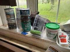 Floor lot and contents of windowsill: level, hand tools, painting supplies, laser level, misc