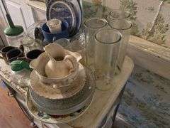 Vintage 3-tier utility cart and contents: vintage dishes and glassware, planters