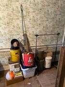 Garment rack, plasticware, tins, curtain rods, buckets, misc