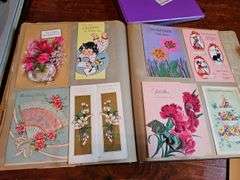 Scrapbook of vintage greeting cards, trade cards in album and box, Sierra Club Grand Canyon prints