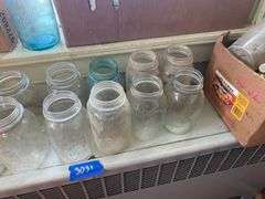 Canning jar lot, some blue, and soda bottles