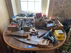 Miter box, hand saws, large lot of hand and power tools, hardware