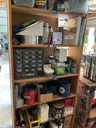 Contents of shelf unit: parts drawer cabinet, packing tape handle, hardware, misc