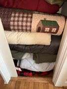Contents of closet: drapery panels, hangers, throw pillows, comforters