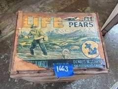 Two wooden advertising crates: Life Pears and Cutty Sark Whisky