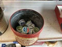 Advertising tins w/ hardware and Pepsi caps, misc