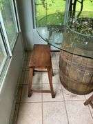 Barrel base round glass top table and four stools 48x48x36