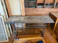 Double pedestal library table w/ carved top edge, spindled stretcher 48x17x30