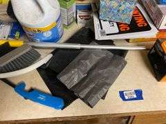 Bucket, paper towels, rubber gloves, cleaning supplies, household items lot
