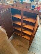 Oak finish base and top cabinets 36x18x24, 43x24x34.5, (2) 60x12x42, 18x12x42, 14x12x42, 30x12x36, 23.5x23.5x42, 54x24x35 - no contents