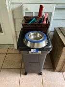 Dog dish, pet brushes, rolling tote