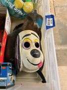 Underdog Halloween mask, toy helicopter, tin sand shovel, Far Side 4 book, misc toys