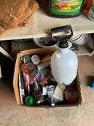 Shelf unit w/ lawn/garden supply contents, tool bag, folding chairs