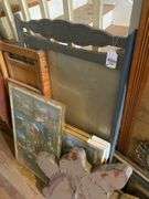 Small oak chest of drawers, wooden file stand, wooden folding chair, live edge clock, framed prints lot