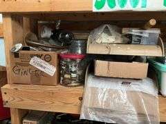 Contents of two shelves: hardware, misc