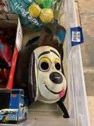 Underdog Halloween mask, toy helicopter, tin sand shovel, Far Side 4 book, misc toys