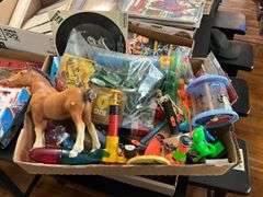 Vintage sports trading cards, Ford advertising bank, toy soldiers, misc toys