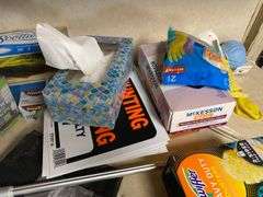 Bucket, paper towels, rubber gloves, cleaning supplies, household items lot