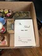 Collectibles lot: postcards, stereo cards, tablets, metal Santa, filmstrip canisters, misc