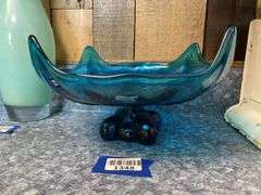 Blue art glass footed dish