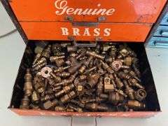 Vintage Imperial Brass Fittings advertising store cabinet w/ contents, and other cabinet w/ contents