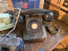 Arts & Crafts telephone stand and contents: vintage telephones including color and boxes 20x18x28