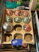 Vintage glass Christmas ornaments in boxes, two stocking hangers, fall decor items