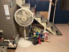 Lasso pedestal fan, cleaning supplies, mop, hand broom, dust pans