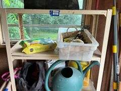 Shelf unit w/ lawn/garden supply contents, tool bag, folding chairs