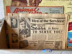 Advertising rule, WWII newspaper, vintage toy box tops