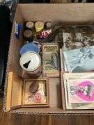 Collectibles lot: postcards, stereo cards, tablets, metal Santa, filmstrip canisters, misc