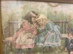 Print of Victorian Children "The Secret", framed - note water stains