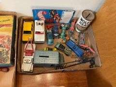 Collectibles lot: toy cars, Wolf’s Head oil bank, includes red line hot wheels
