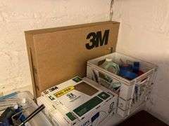 Ceramic tiles, wood bracket shelf, bungee cords, paint rollers, tape, misc