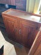 Oak finish base and top cabinets 36x18x24, 43x24x34.5, (2) 60x12x42, 18x12x42, 14x12x42, 30x12x36, 23.5x23.5x42, 54x24x35 - no contents