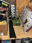 Train tower, bridge, track, parts drawer cabinet w/ contents