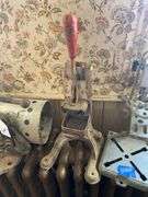 Pipe vise, drill press stand, lead melting pots, french fry cutter, misc