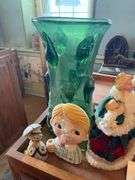 Collectibles lot: green art glass vase, glass Peanut pattern oil lamp, Christmas and other figurines, light strings, figural egg timer, misc