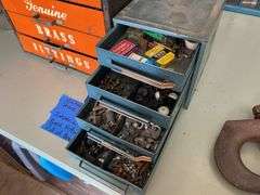 Vintage Imperial Brass Fittings advertising store cabinet w/ contents, and other cabinet w/ contents