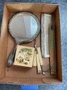 Silverplated hand mirror and comb, celluloid vanity tools, box w/ lambs on top, folding fan