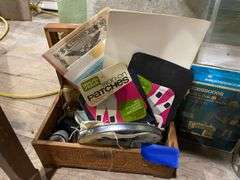 Singer cabinet sewing machine and sewing box, accessories, button jars 27x18.5x31