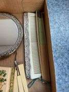 Silverplated hand mirror and comb, celluloid vanity tools, box w/ lambs on top, folding fan