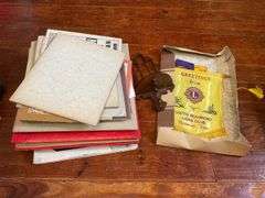 Scrapbook, magazines, paper collectibles, Lions Club cap, bracket wall shelf