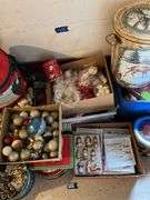 Christmas ornaments and decor, light strings, decorative tins