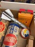 Litho tin adding machine, Tinkertoys, PA plaque, toy rocket, misc